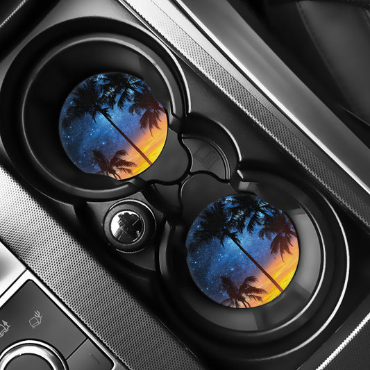 Night Sunset Sky And Palm Trees Print Car Coasters