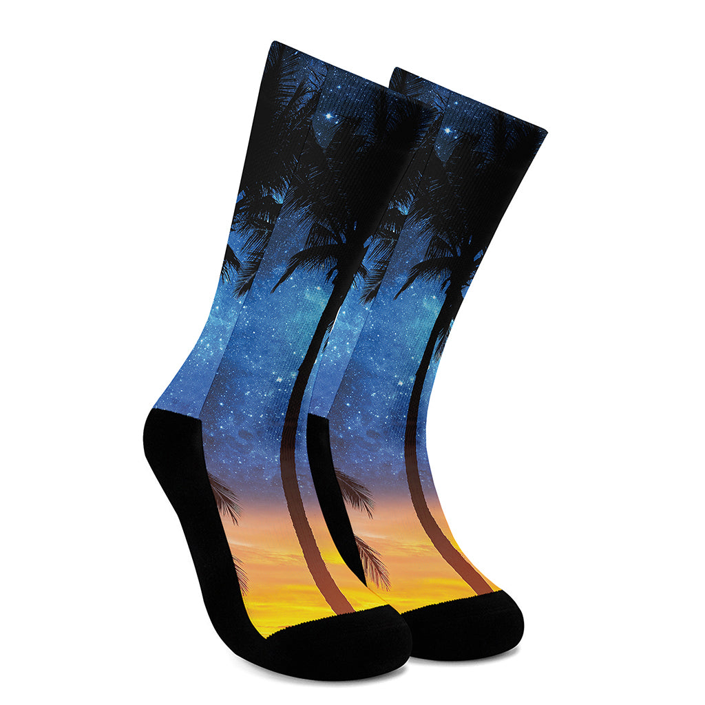 Night Sunset Sky And Palm Trees Print Crew Socks