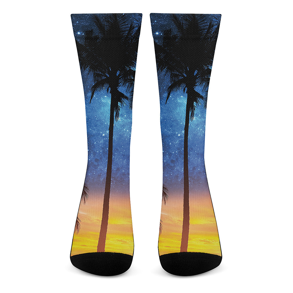 Night Sunset Sky And Palm Trees Print Crew Socks