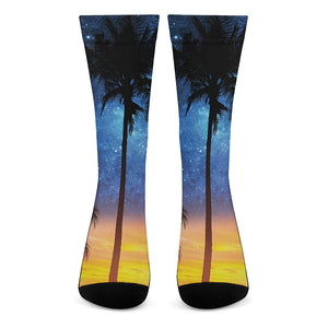 Night Sunset Sky And Palm Trees Print Crew Socks