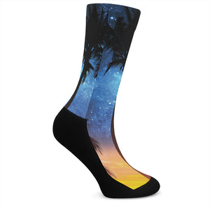 Night Sunset Sky And Palm Trees Print Crew Socks