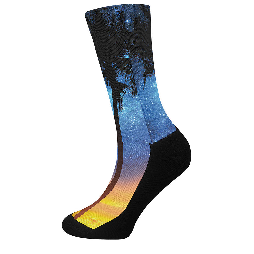 Night Sunset Sky And Palm Trees Print Crew Socks