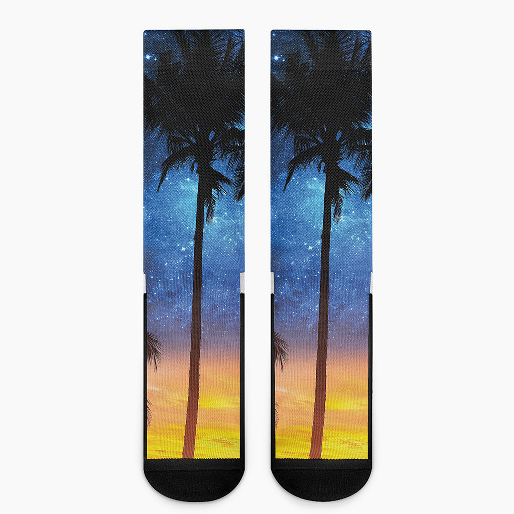Night Sunset Sky And Palm Trees Print Crew Socks