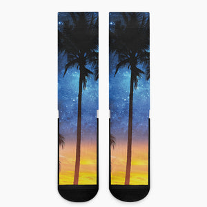 Night Sunset Sky And Palm Trees Print Crew Socks