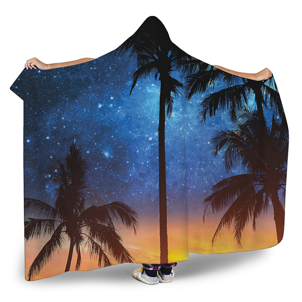 Night Sunset Sky And Palm Trees Print Hooded Blanket