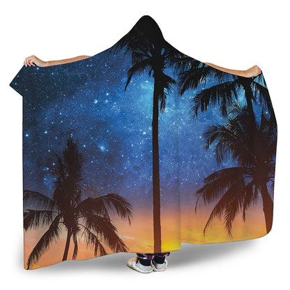 Night Sunset Sky And Palm Trees Print Hooded Blanket