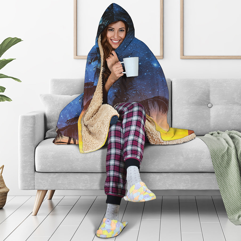 Night Sunset Sky And Palm Trees Print Hooded Blanket