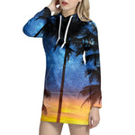 Night Sunset Sky And Palm Trees Print Hoodie Dress