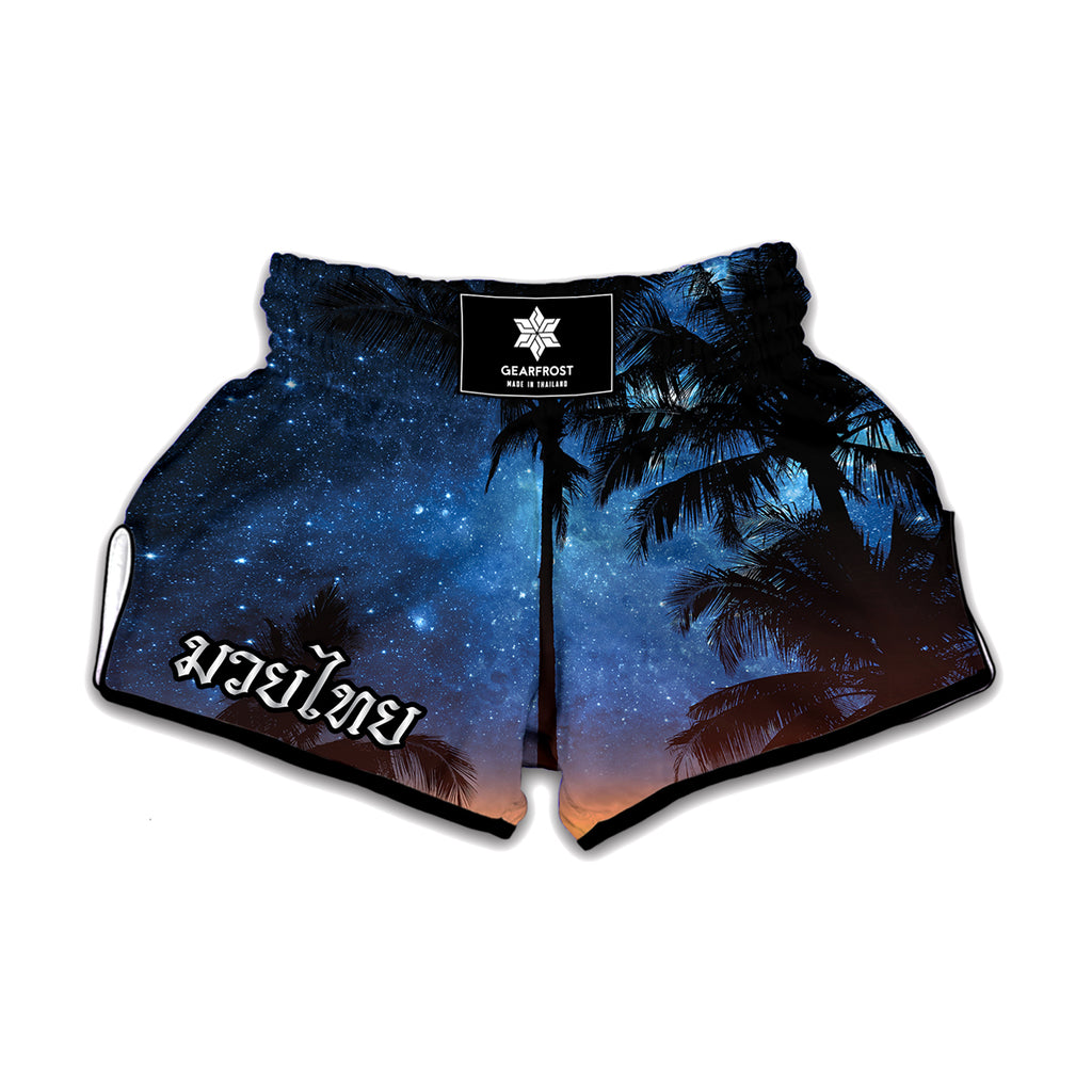 Night Sunset Sky And Palm Trees Print Muay Thai Boxing Shorts