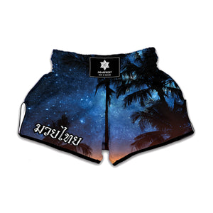 Night Sunset Sky And Palm Trees Print Muay Thai Boxing Shorts