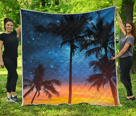 Night Sunset Sky And Palm Trees Print Quilt