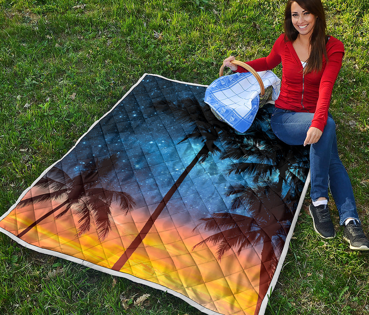 Night Sunset Sky And Palm Trees Print Quilt