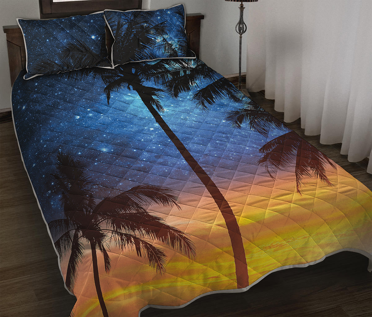 Night Sunset Sky And Palm Trees Print Quilt Bed Set