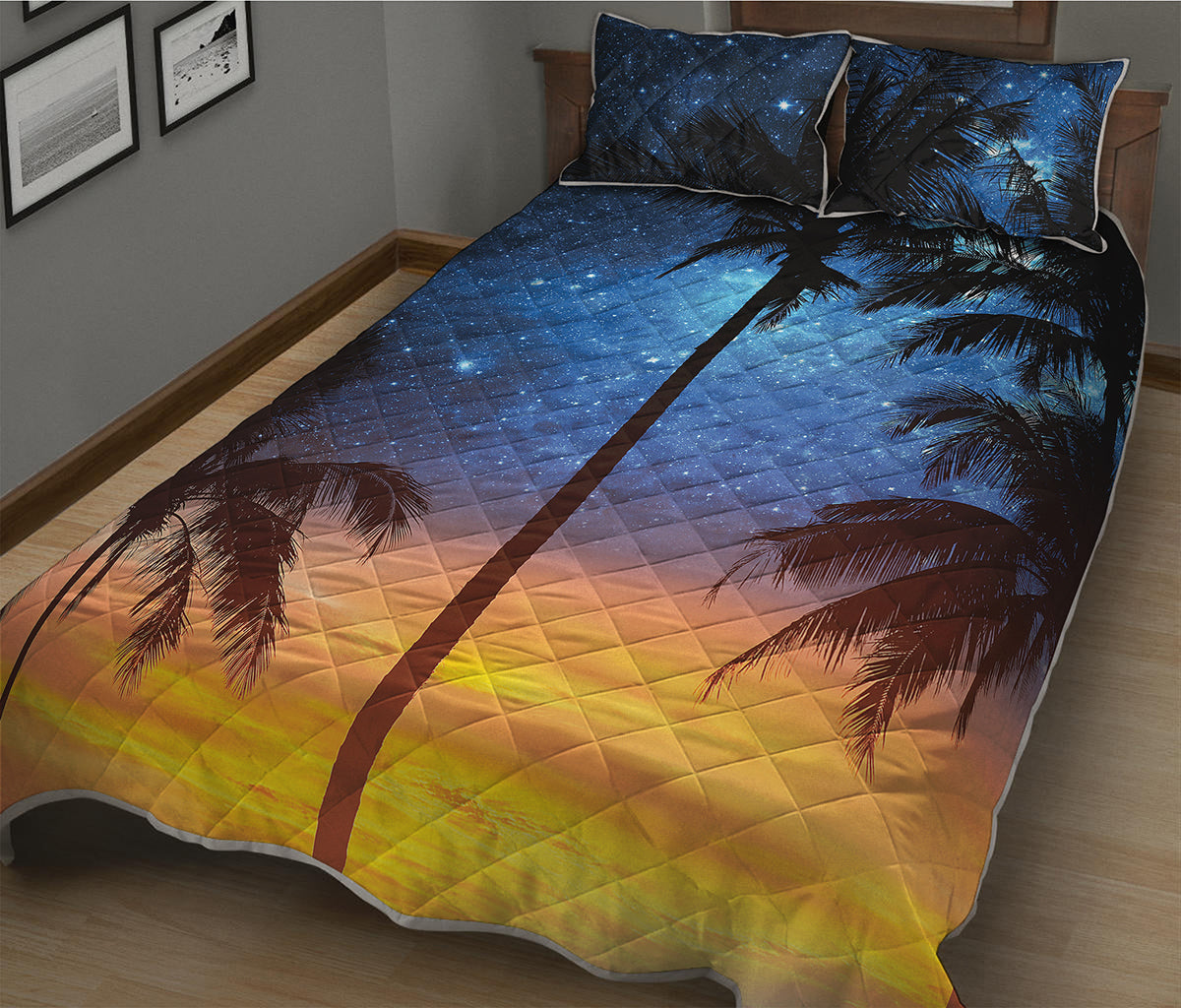 Night Sunset Sky And Palm Trees Print Quilt Bed Set