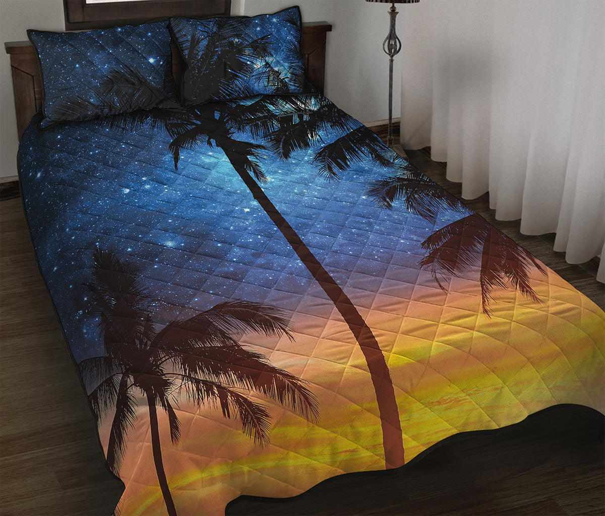 Night Sunset Sky And Palm Trees Print Quilt Bed Set