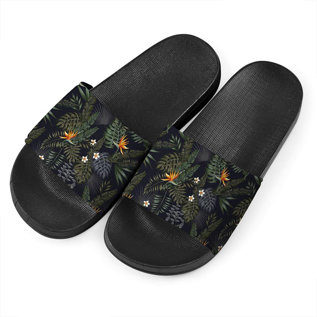Night Tropical Hawaii Pattern Print Black Slide Sandals