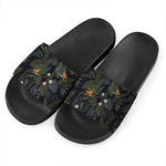 Night Tropical Hawaii Pattern Print Black Slide Sandals