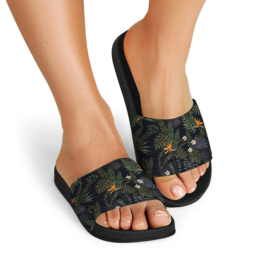 Night Tropical Hawaii Pattern Print Black Slide Sandals