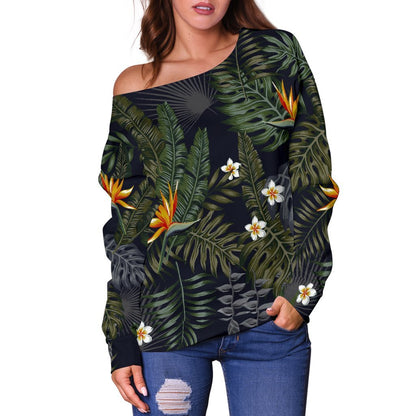 Night Tropical Hawaii Pattern Print Off Shoulder Sweatshirt GearFrost