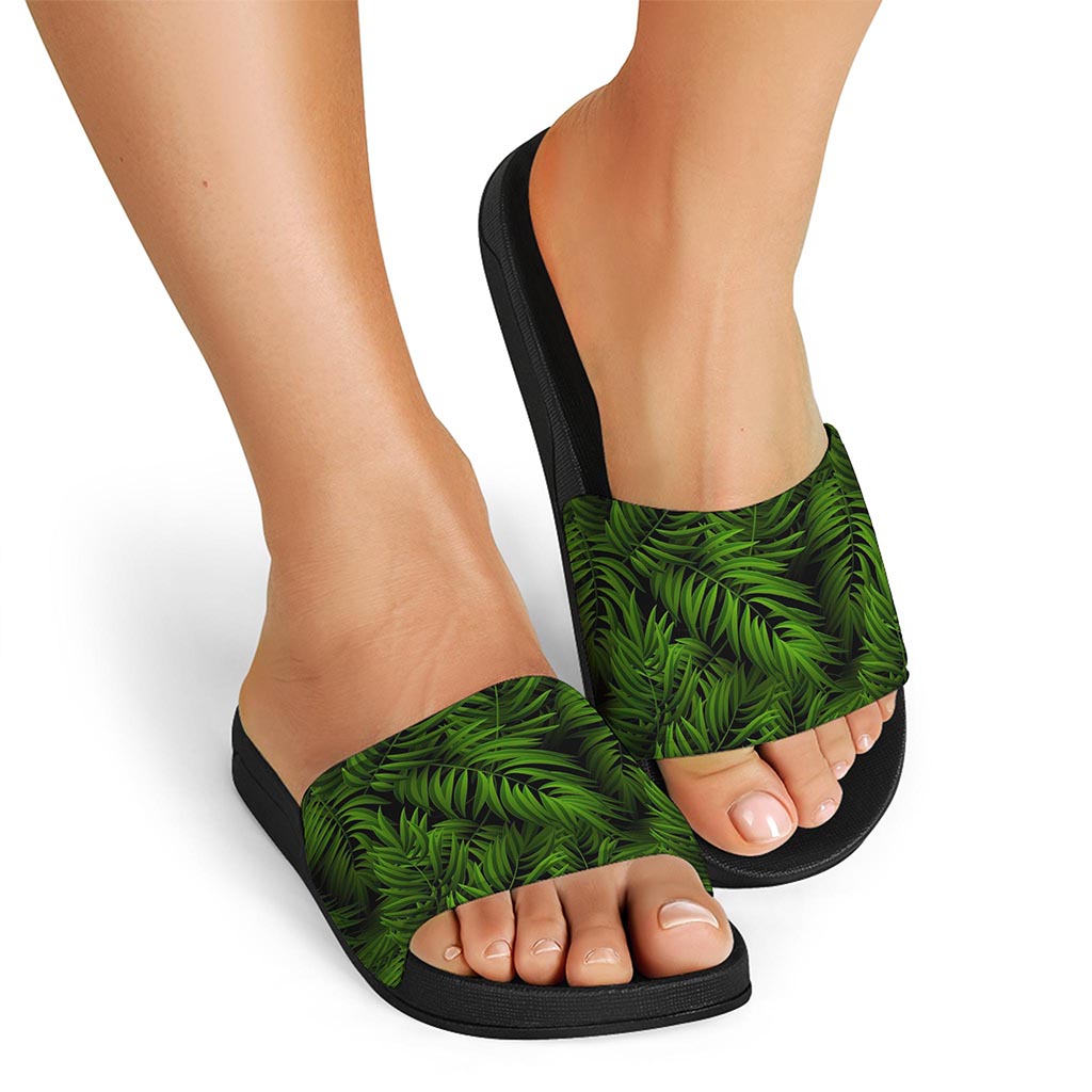 Night Tropical Palm Leaf Pattern Print Black Slide Sandals