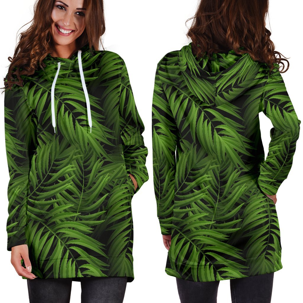 Night Tropical Palm Leaf Pattern Print Hoodie Dress GearFrost