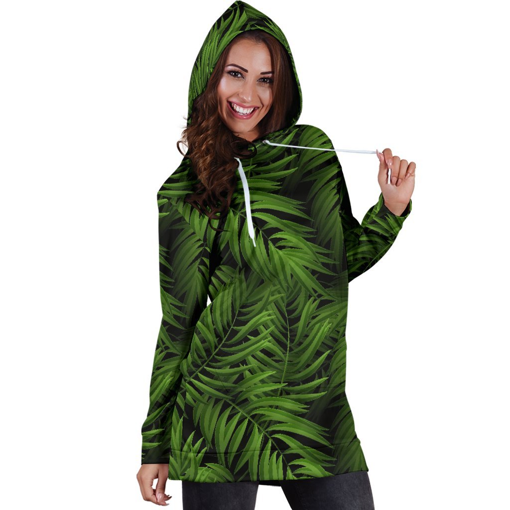 Night Tropical Palm Leaf Pattern Print Hoodie Dress GearFrost