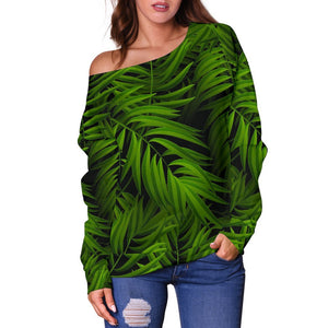 Night Tropical Palm Leaf Pattern Print Off Shoulder Sweatshirt GearFrost