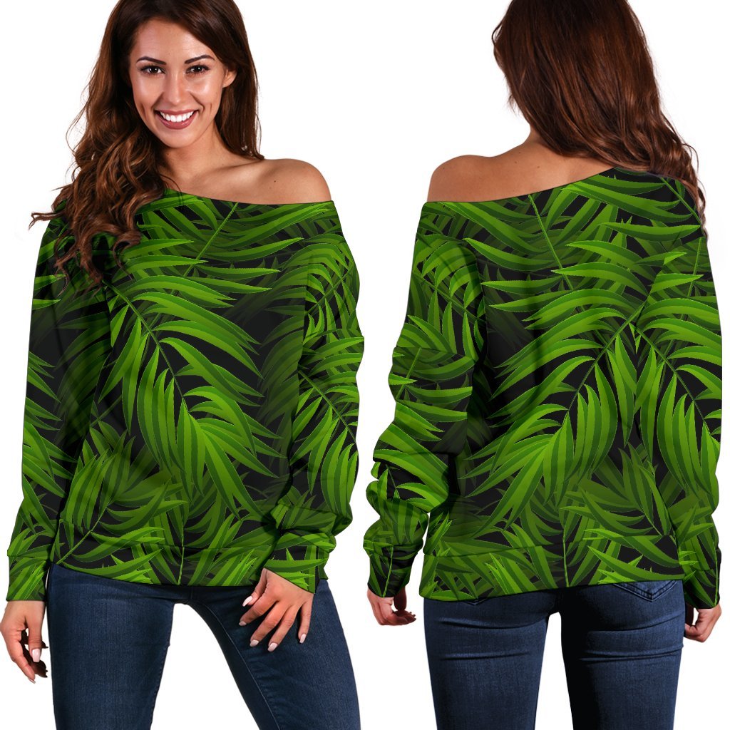 Night Tropical Palm Leaf Pattern Print Off Shoulder Sweatshirt GearFrost