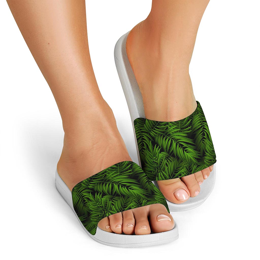 Night Tropical Palm Leaf Pattern Print White Slide Sandals