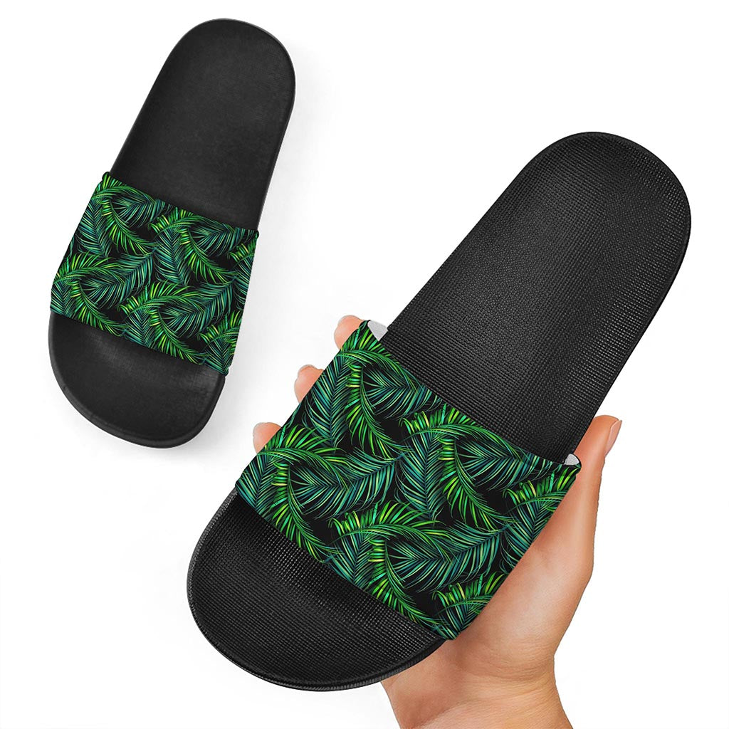 Night Tropical Palm Leaves Pattern Print Black Slide Sandals