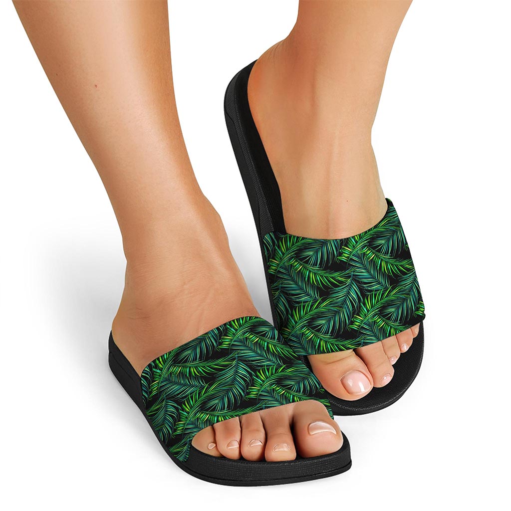 Night Tropical Palm Leaves Pattern Print Black Slide Sandals