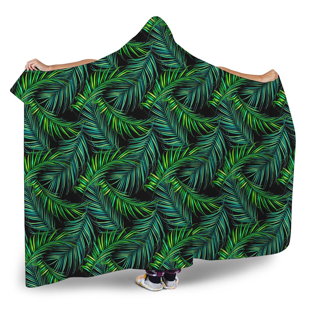 Night Tropical Palm Leaves Pattern Print Hooded Blanket