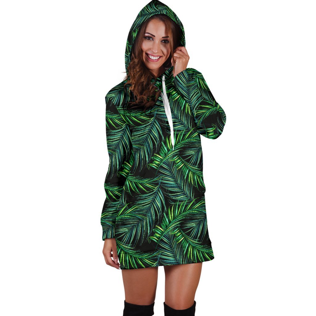 Night Tropical Palm Leaves Pattern Print Hoodie Dress GearFrost