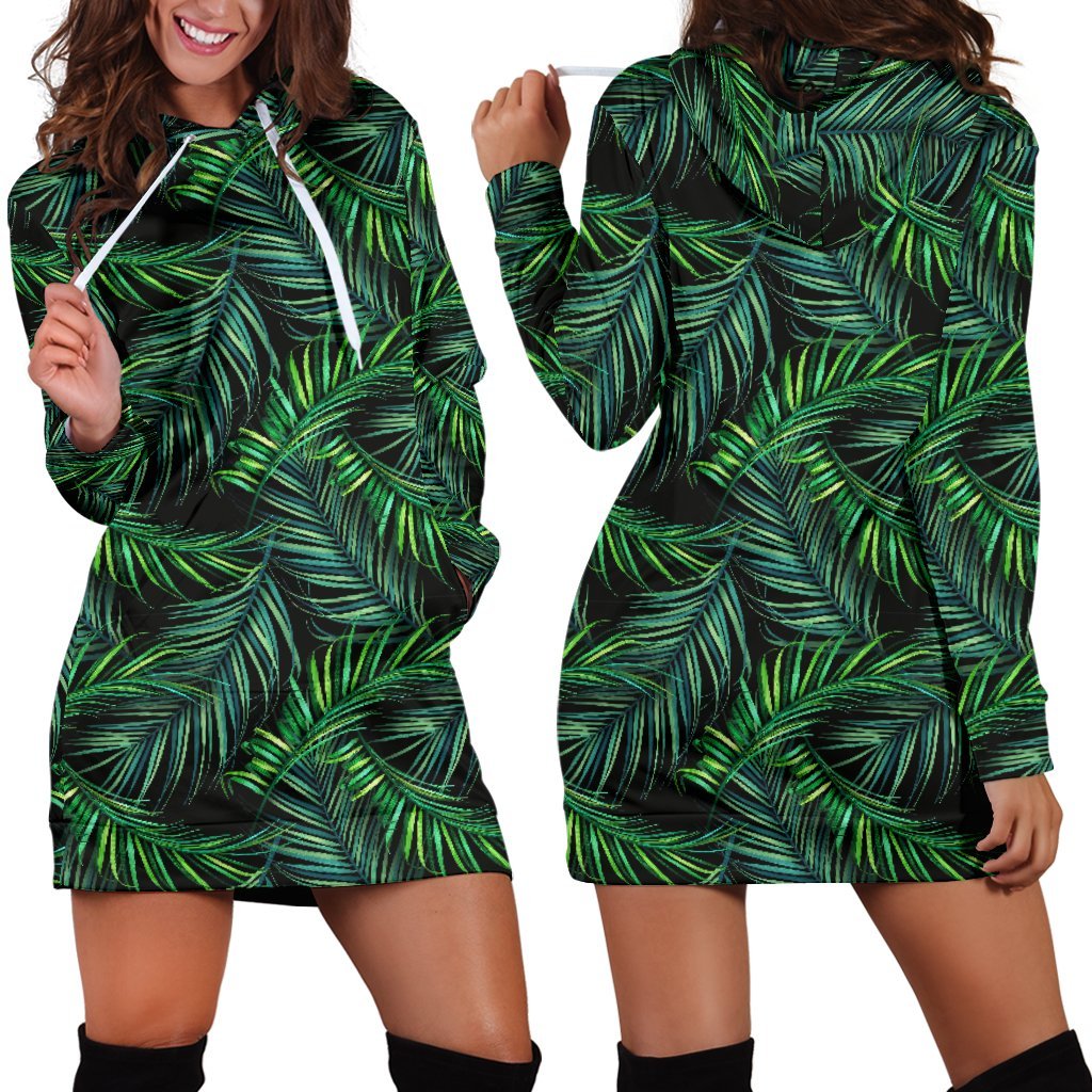 Night Tropical Palm Leaves Pattern Print Hoodie Dress GearFrost