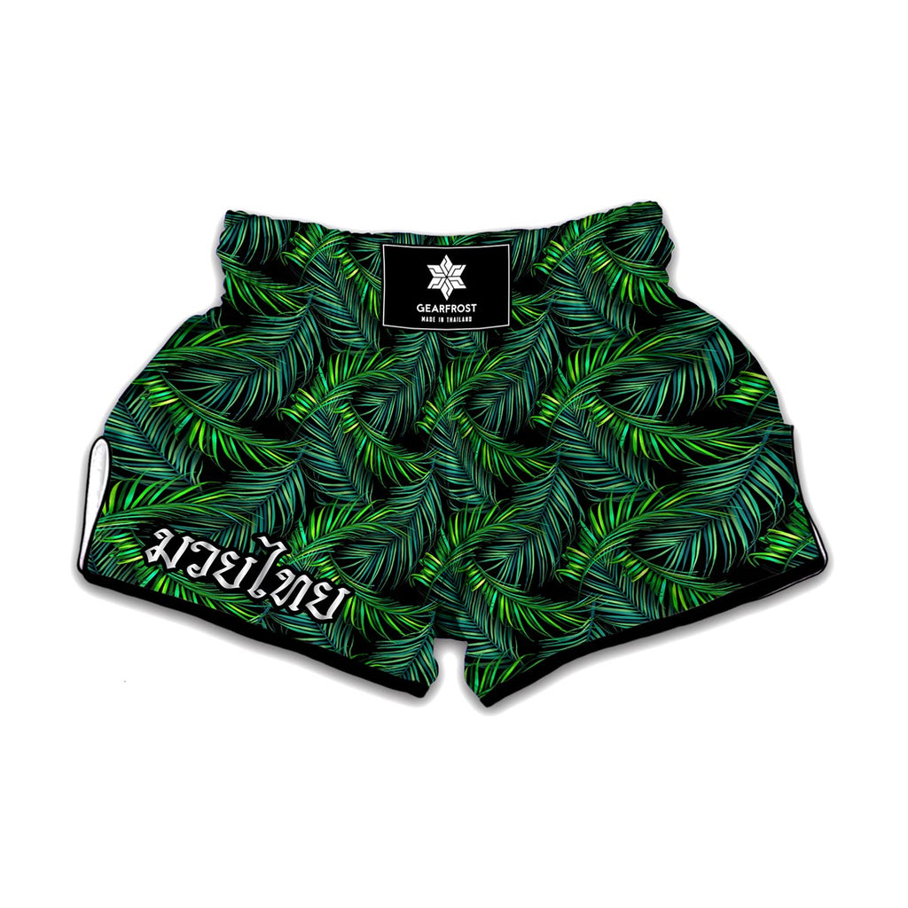 Night Tropical Palm Leaves Pattern Print Muay Thai Boxing Shorts