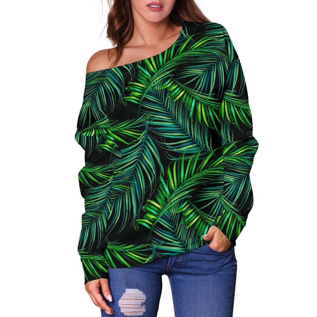 Night Tropical Palm Leaves Pattern Print Off Shoulder Sweatshirt GearFrost