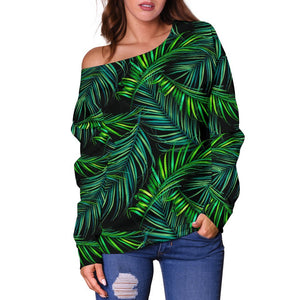 Night Tropical Palm Leaves Pattern Print Off Shoulder Sweatshirt GearFrost