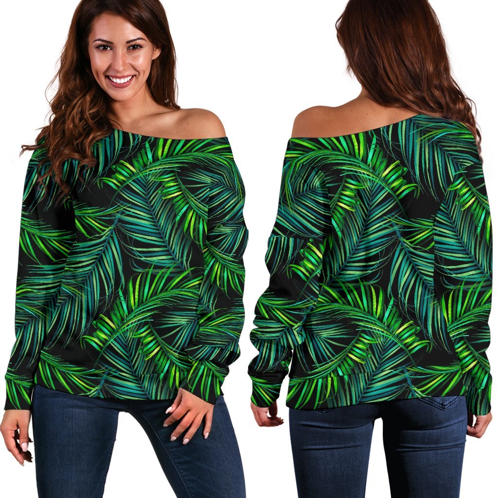 Night Tropical Palm Leaves Pattern Print Off Shoulder Sweatshirt GearFrost