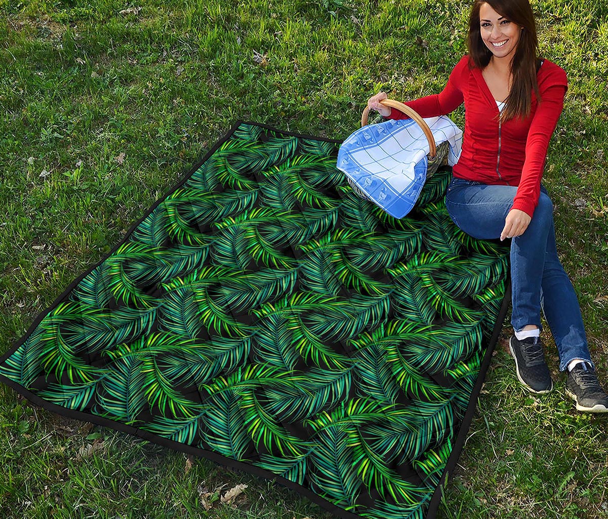 Night Tropical Palm Leaves Pattern Print Quilt