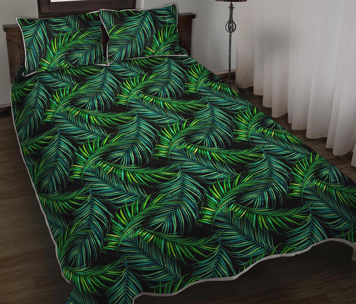 Night Tropical Palm Leaves Pattern Print Quilt Bed Set