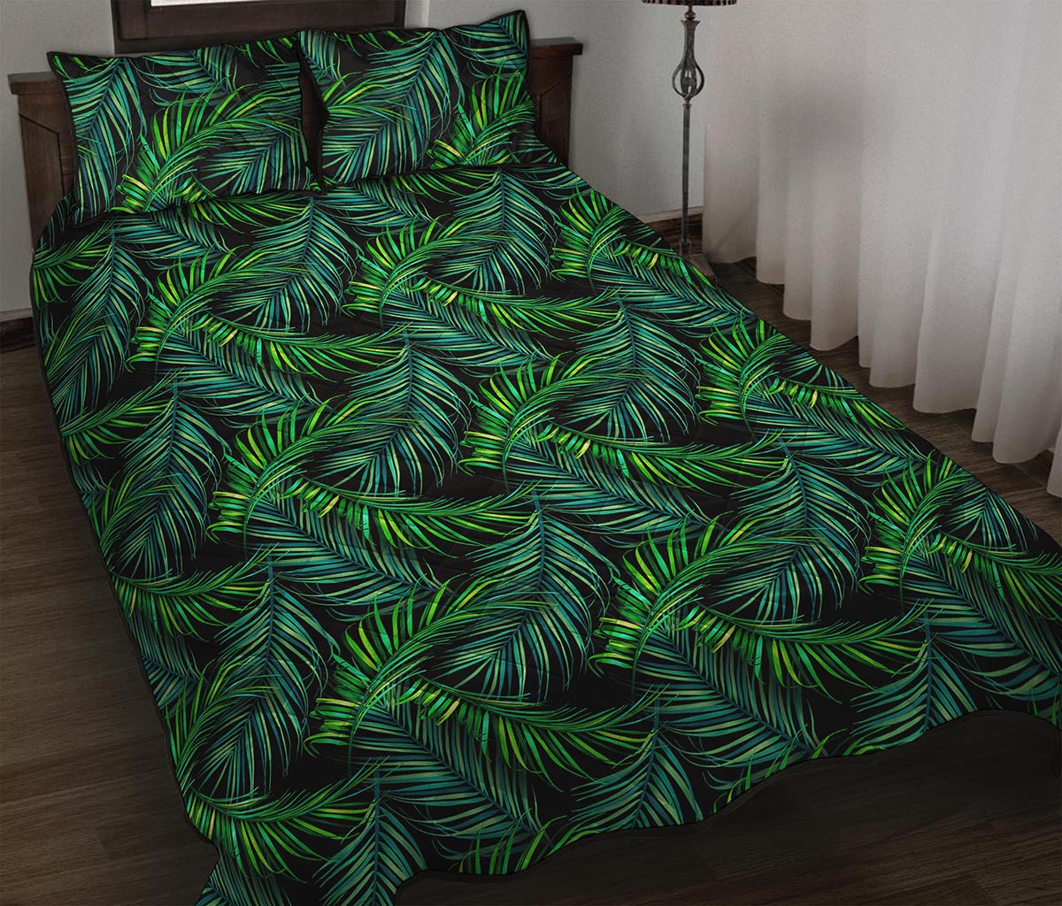 Night Tropical Palm Leaves Pattern Print Quilt Bed Set