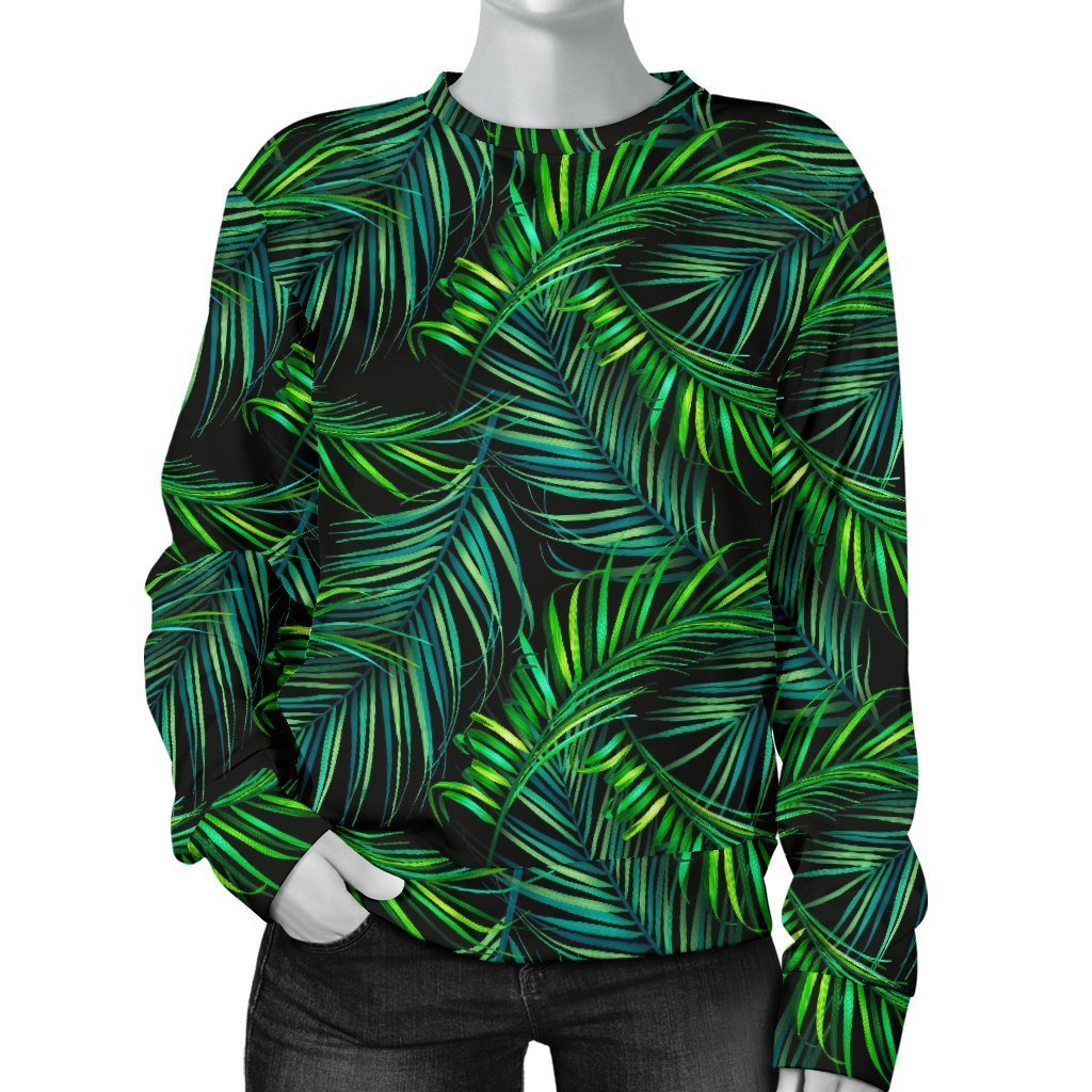 Night Tropical Palm Leaves Pattern Print Women's Crewneck Sweatshirt GearFrost