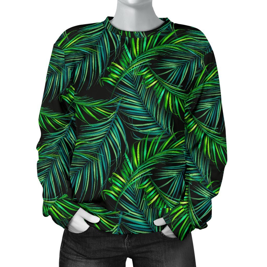 Night Tropical Palm Leaves Pattern Print Women's Crewneck Sweatshirt GearFrost