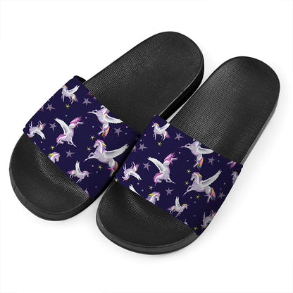 Night Winged Unicorn Pattern Print Black Slide Sandals