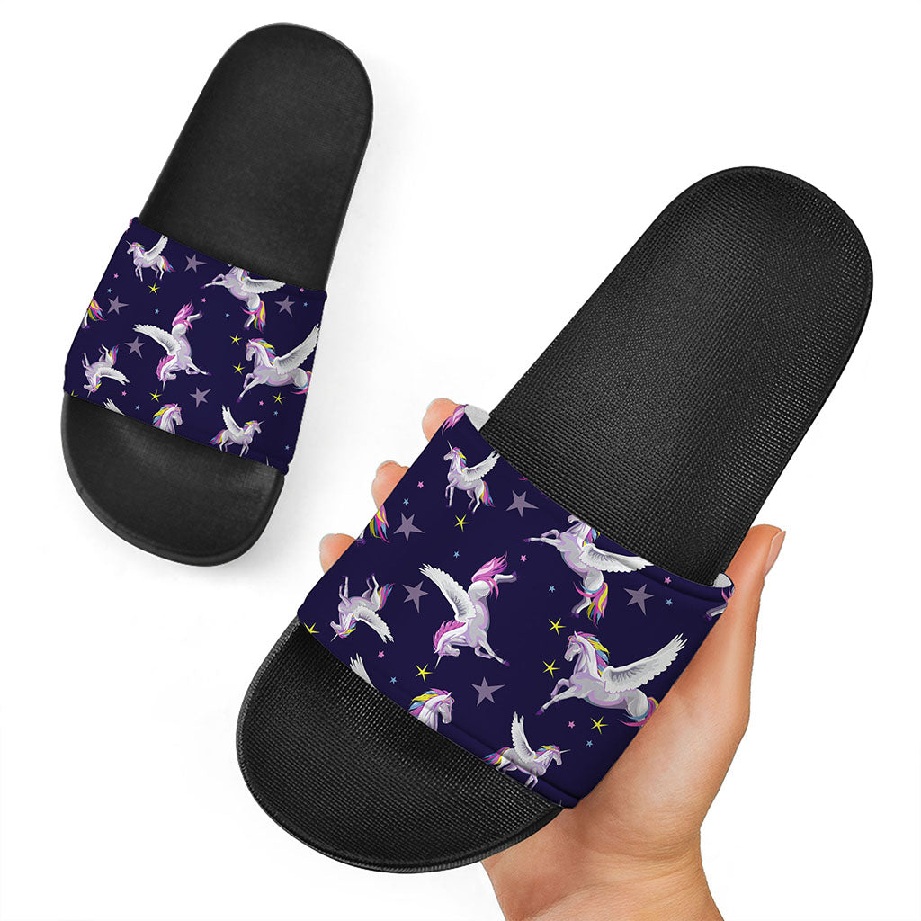 Night Winged Unicorn Pattern Print Black Slide Sandals