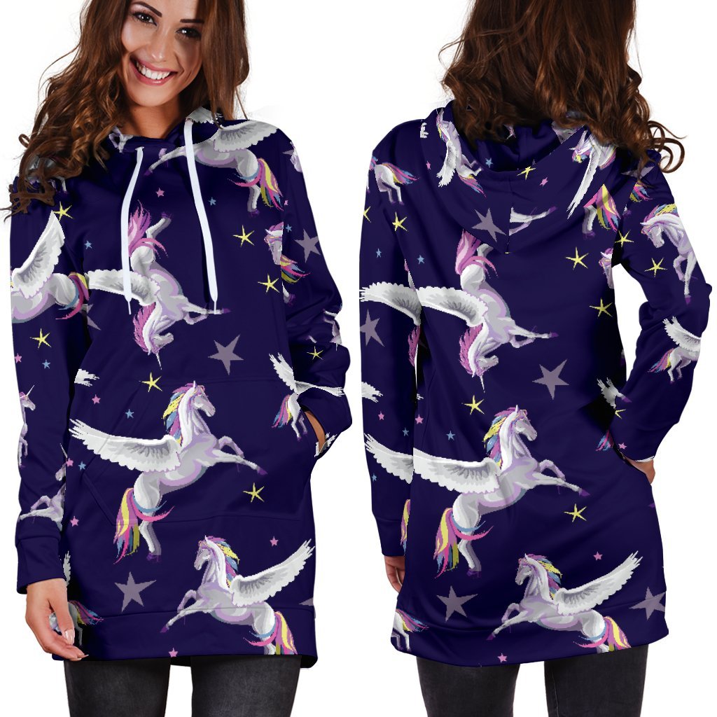 Night Winged Unicorn Pattern Print Hoodie Dress GearFrost