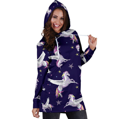 Night Winged Unicorn Pattern Print Hoodie Dress GearFrost
