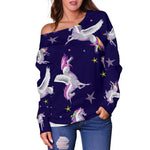 Night Winged Unicorn Pattern Print Off Shoulder Sweatshirt GearFrost