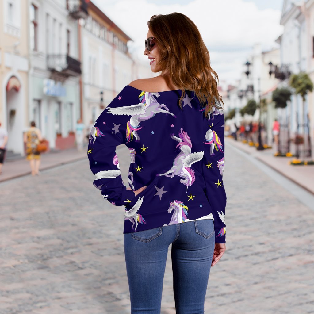 Night Winged Unicorn Pattern Print Off Shoulder Sweatshirt GearFrost