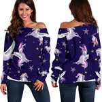 Night Winged Unicorn Pattern Print Off Shoulder Sweatshirt GearFrost